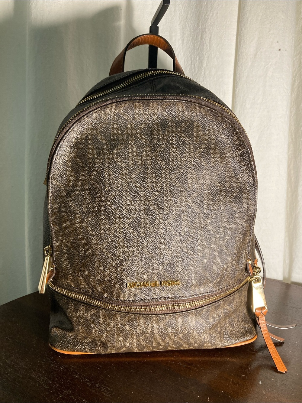 Michael Kors Brown Rhea  MK Logo Backpack with Gold Hardware